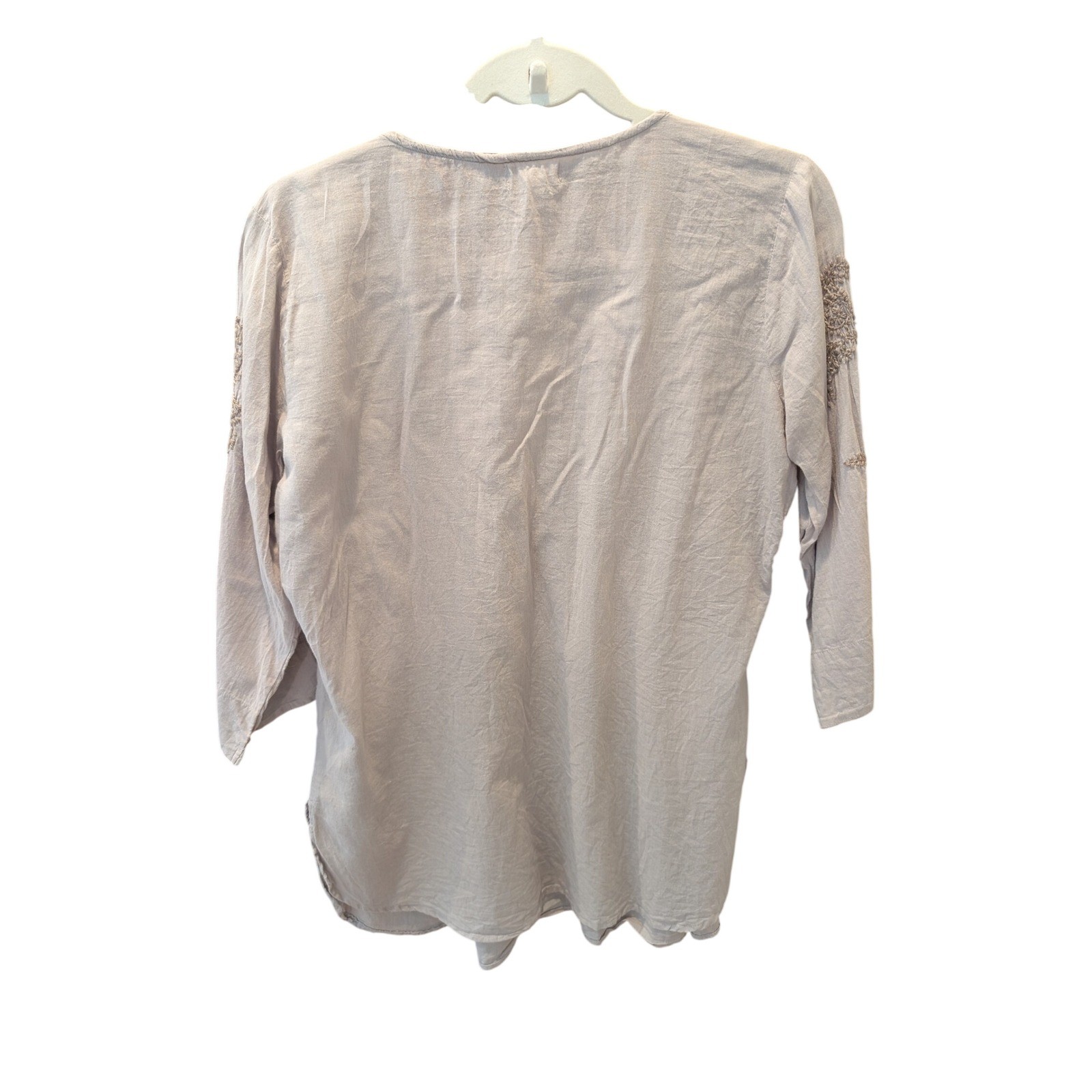 World Market Tunic Top Boho Embroidered Pintuck Cotton Taupe Grey Womens S/M