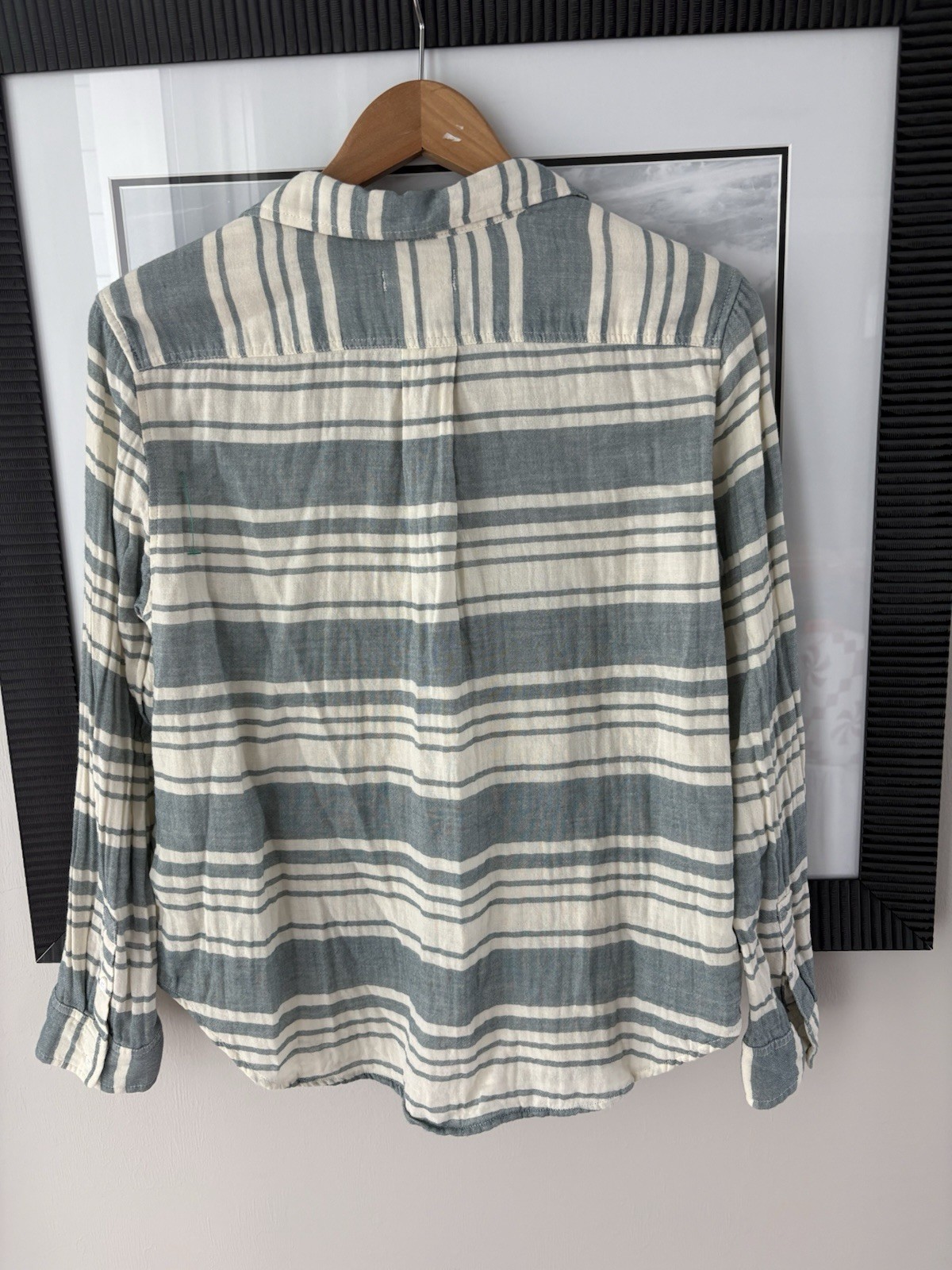 Outerknown Costa Button Down Gauzy Double Weave Shirt Blue Cream Stripe Medium