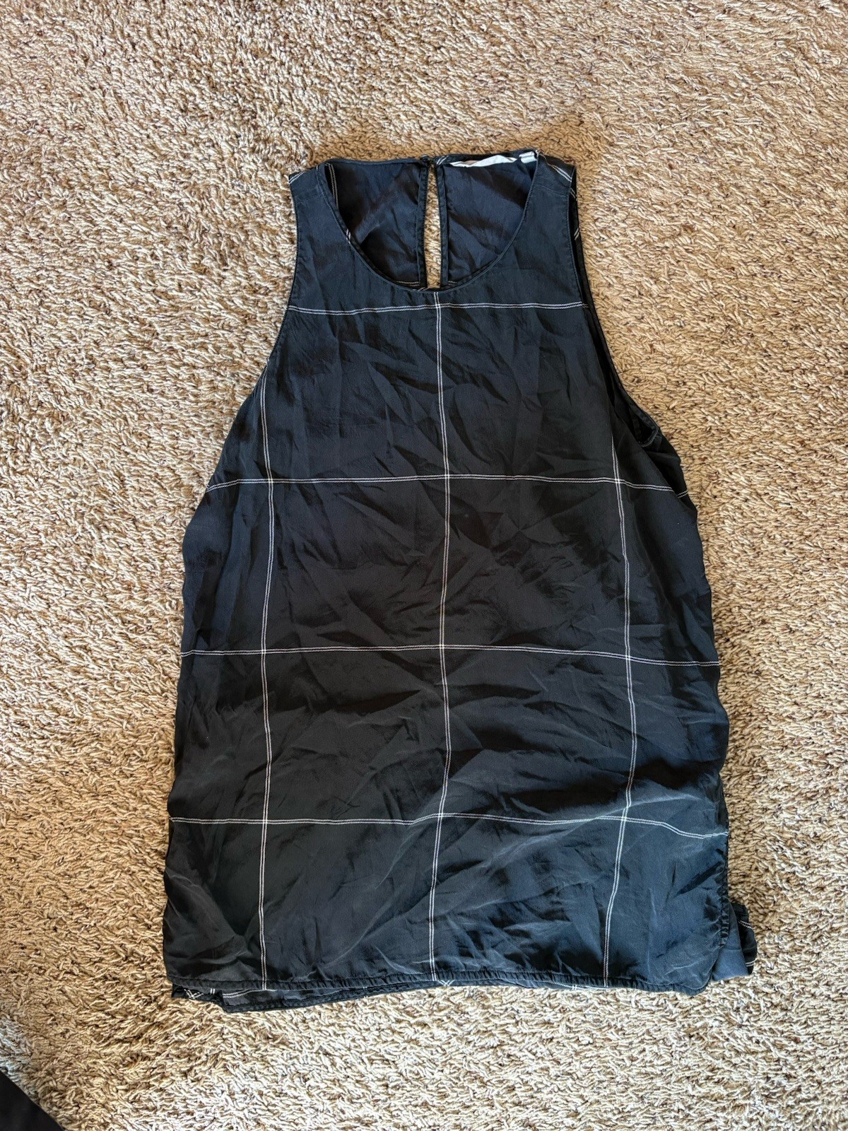 Athleta Black Windowpane Washable Silk CYA Button Tunic Tank Top Small S Plaid