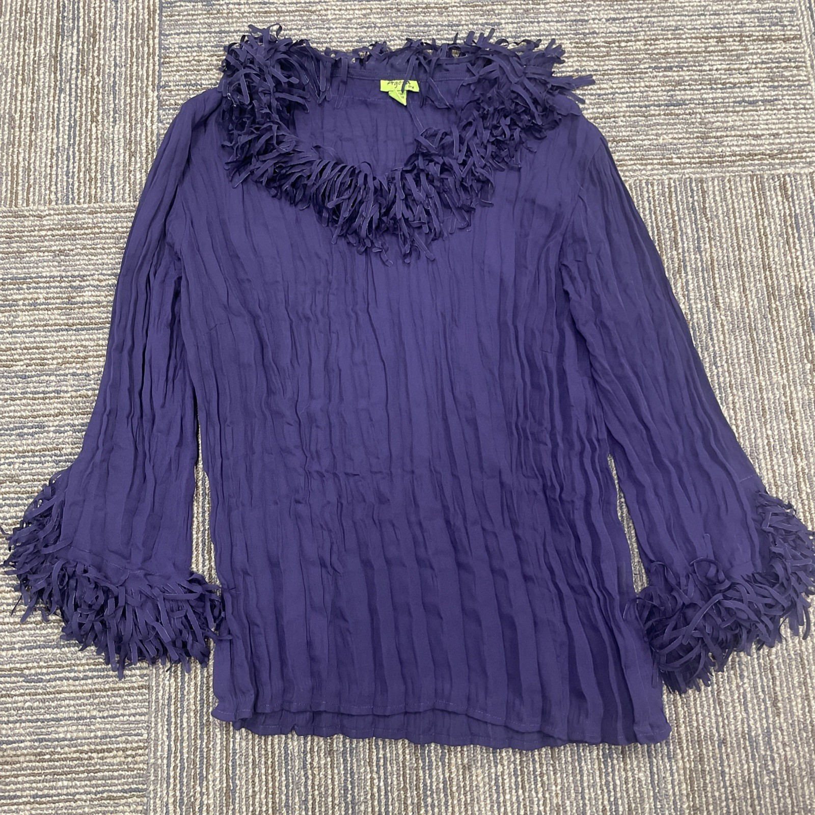 Agora Ladies Pleated Blouse Fringe Eggplant Purple 3/4 Sleeve Boho Luxe Petite M