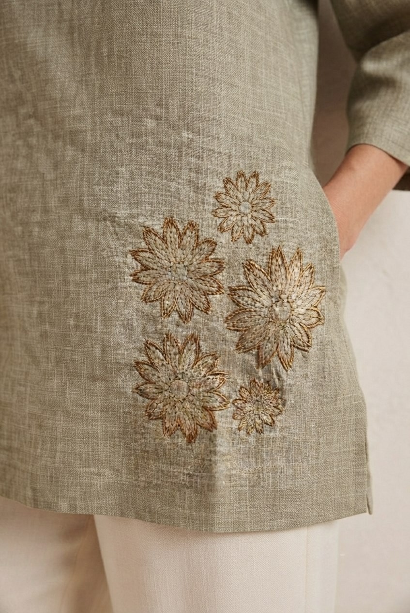 Women Olive Green Linen Cotton Embroidered Top 3/4 Sleeve Floral Tunic