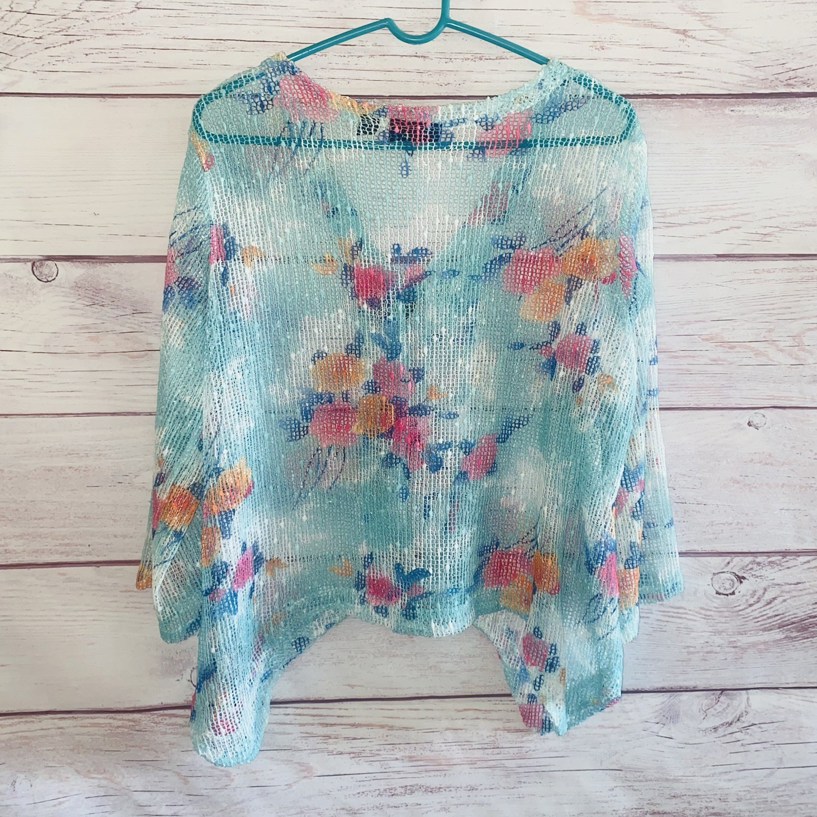 2 Nina Leonard XL Floral Open Knit Cardigans Sheer Bell Sleeve Cover Ups B47