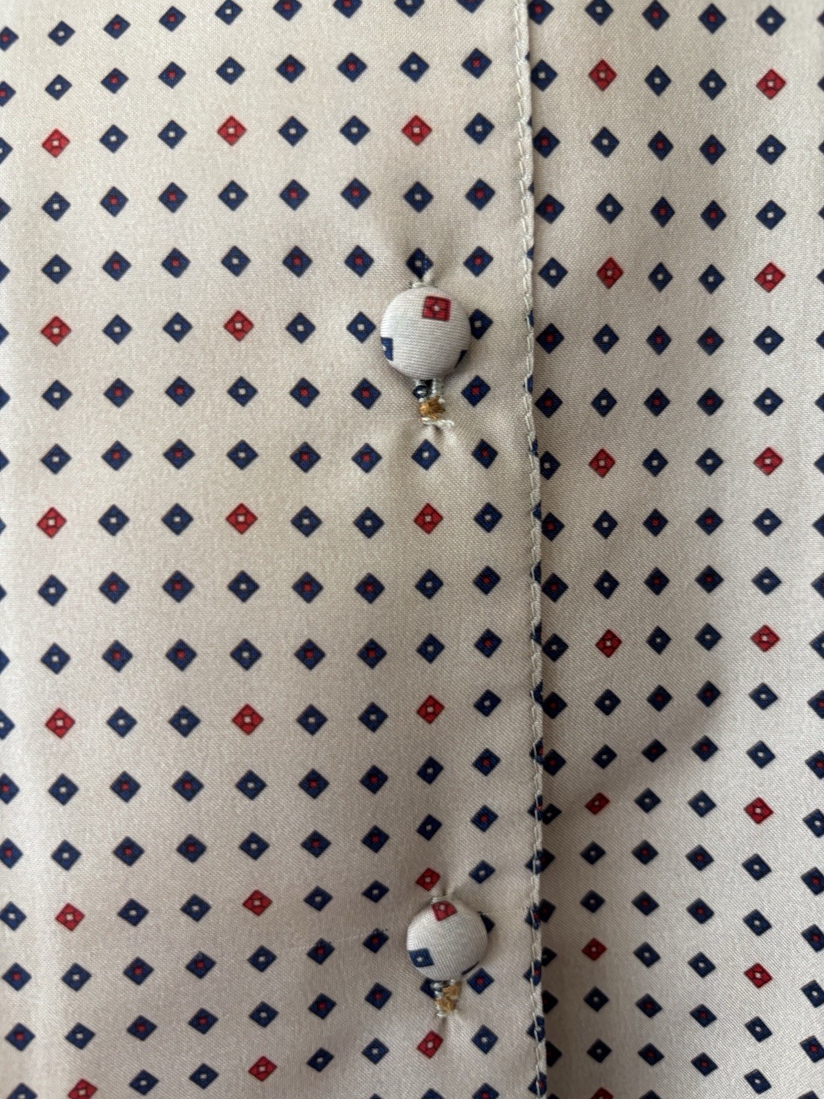 Vintage Robbie Sport Blouse Women Large Tan Blue Red Removable Neck Bow