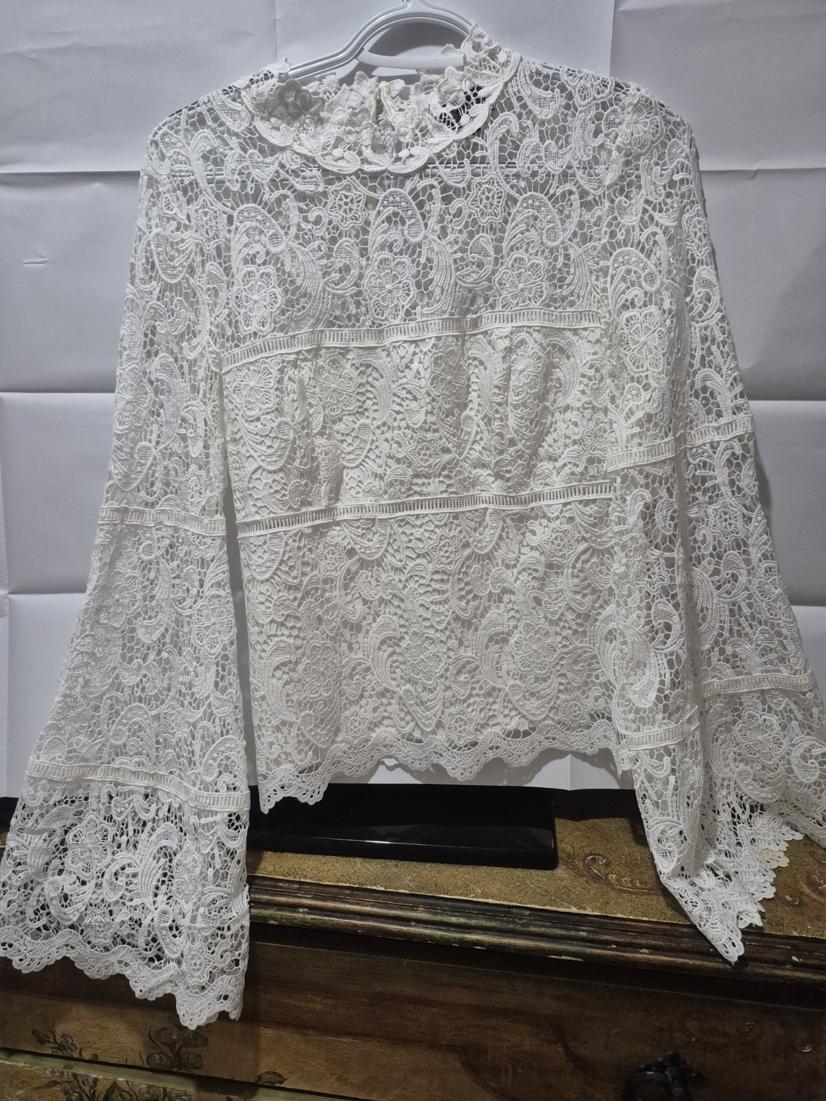 Women’s BlouseWhite Floral Lace Sheer High Neck Zip Bell Sleeve Blouse Size S