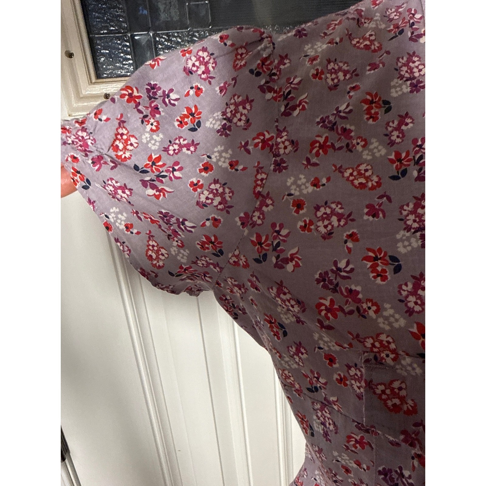 Levis Womens Purple Floral Button Up Shirt Short Sleeve Smocked Waist Small