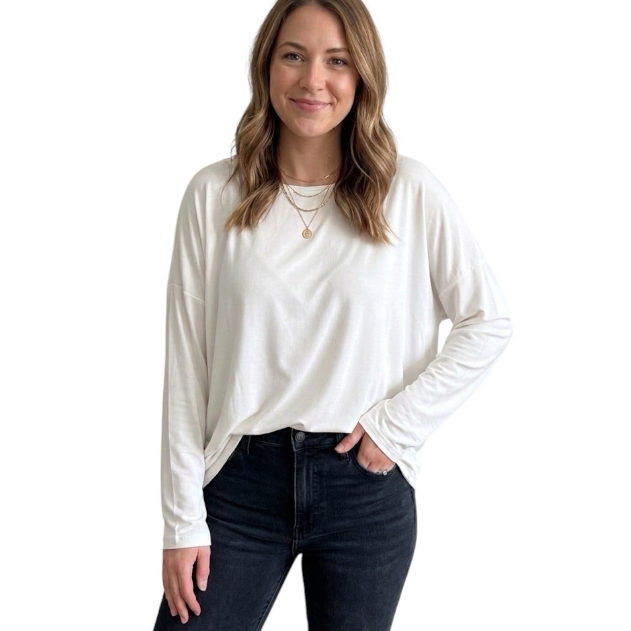 PIKO Green Earth Fashion Top S White Bamboo Spandex Long Sleeve Oversized EUC