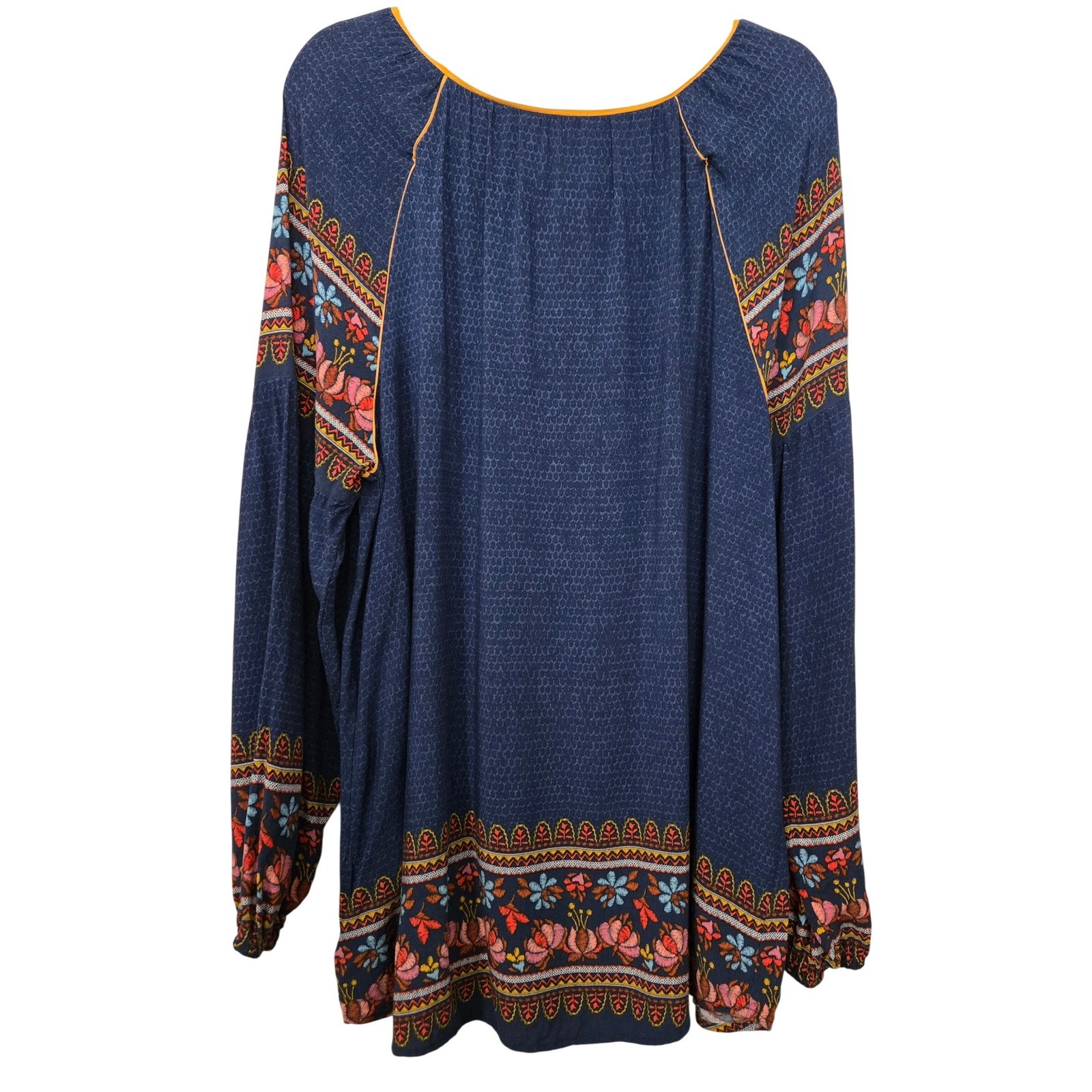 Signature Studio Boho Gypsy Blue Floral Embroidered Tassel Peasant Blouse XL