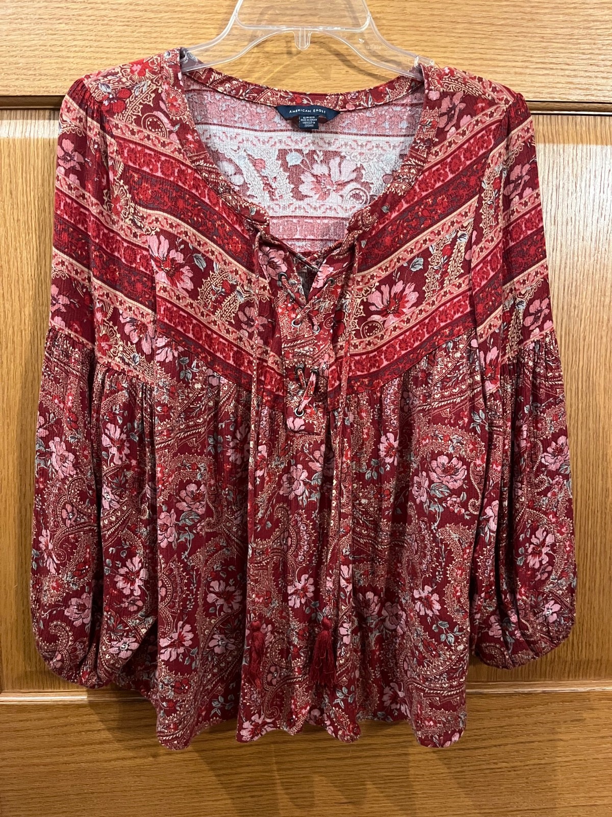 Floral Paisley Peasant Top Womens S Oversized Boho Retro Lace Up American Eagle
