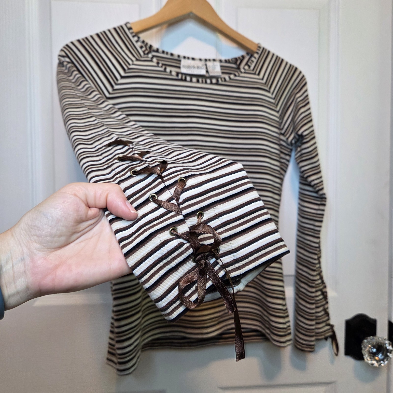 Vtg Y2k Fashion Bug Striped Top Laced Bell Sleeve Hippie Boho Baddie City S
