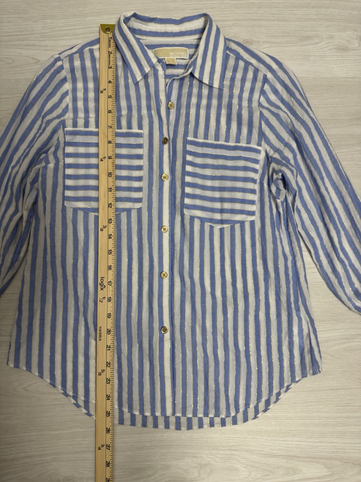 Michael Kors Blue & White Striped Gold Style Long Sleeve Button Up Women’s S