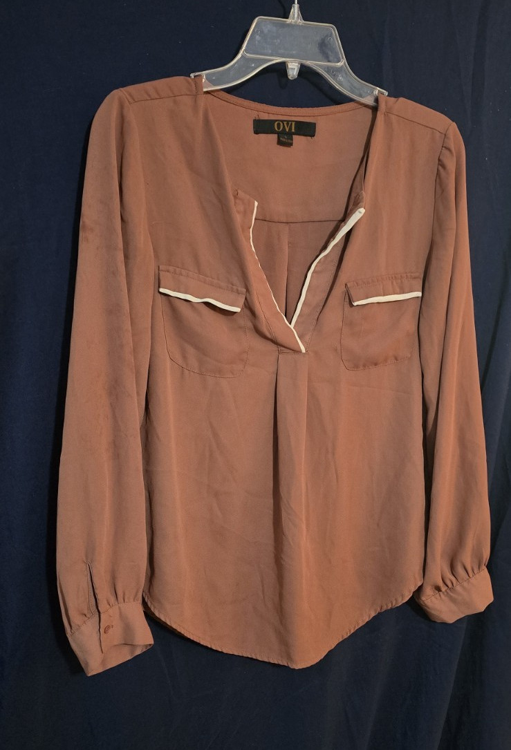 OVI Women’s Brown Solid V-Neck Long Sleeve Pullover Pocket Blouse L