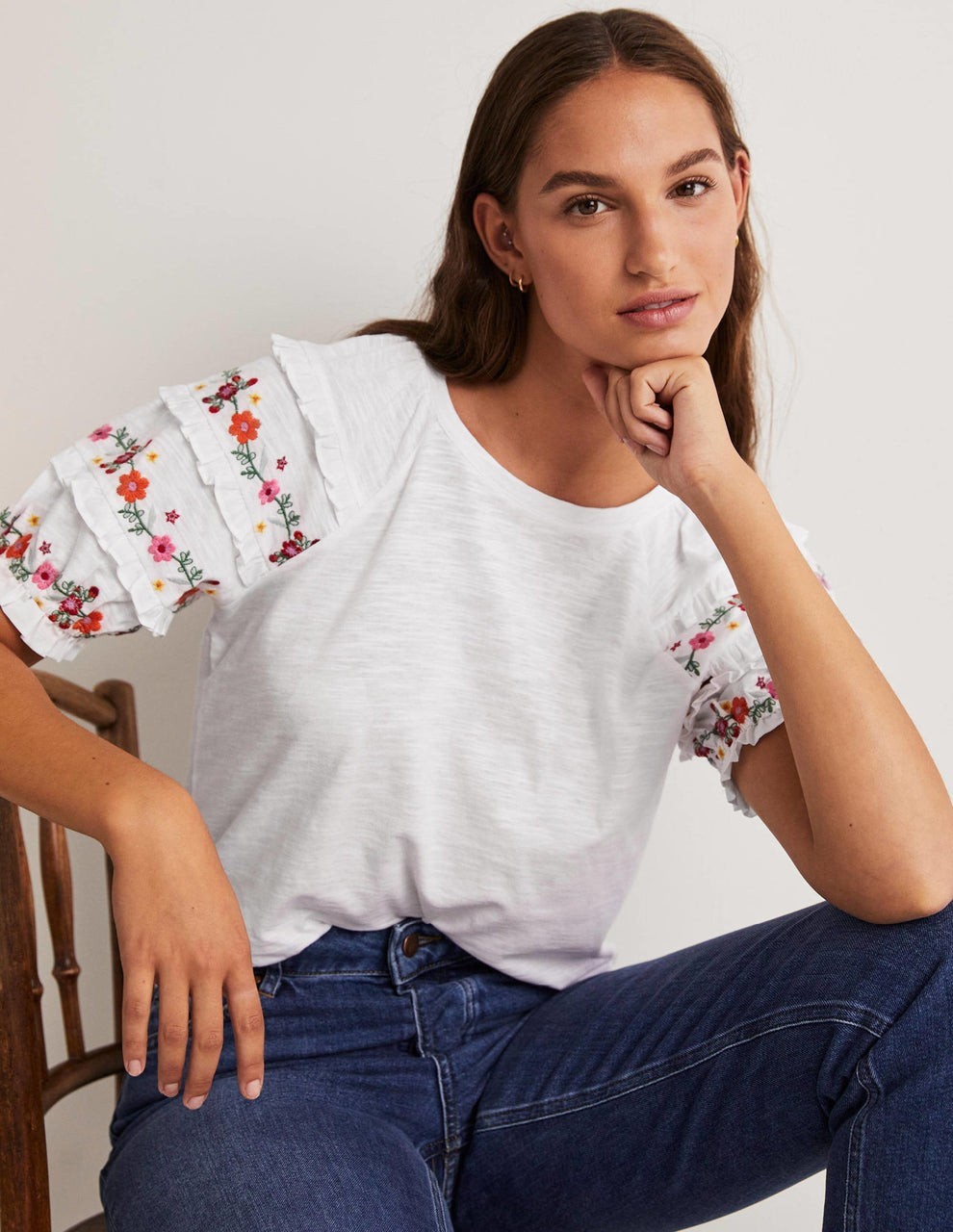 Boden Womens White Floral Embroidered Ruffle Puff Sleeve Jersey Top Cotton US2