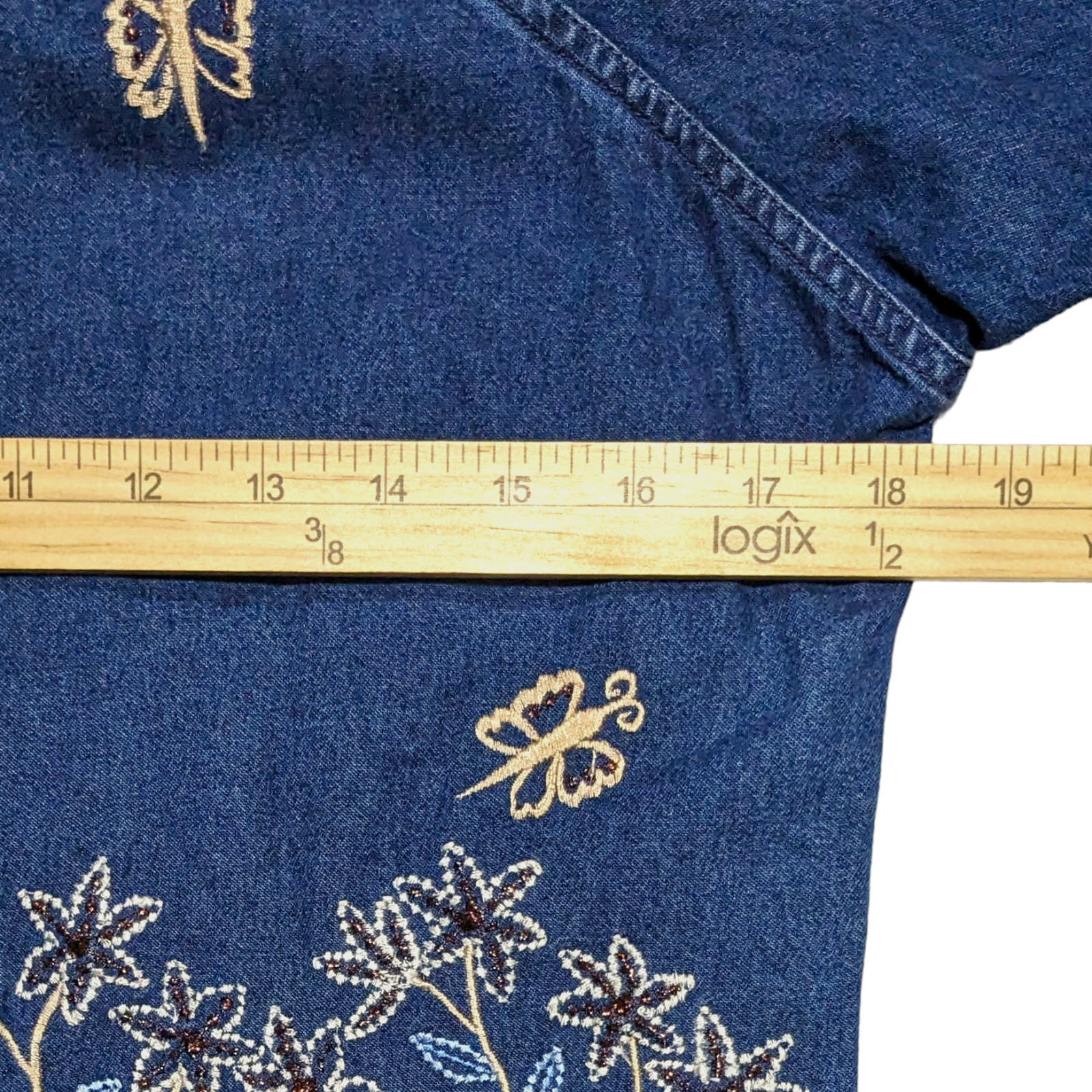 Vintage 90s Passport Denim Embroidered Top Size M Off The Shoulder Floral Boho