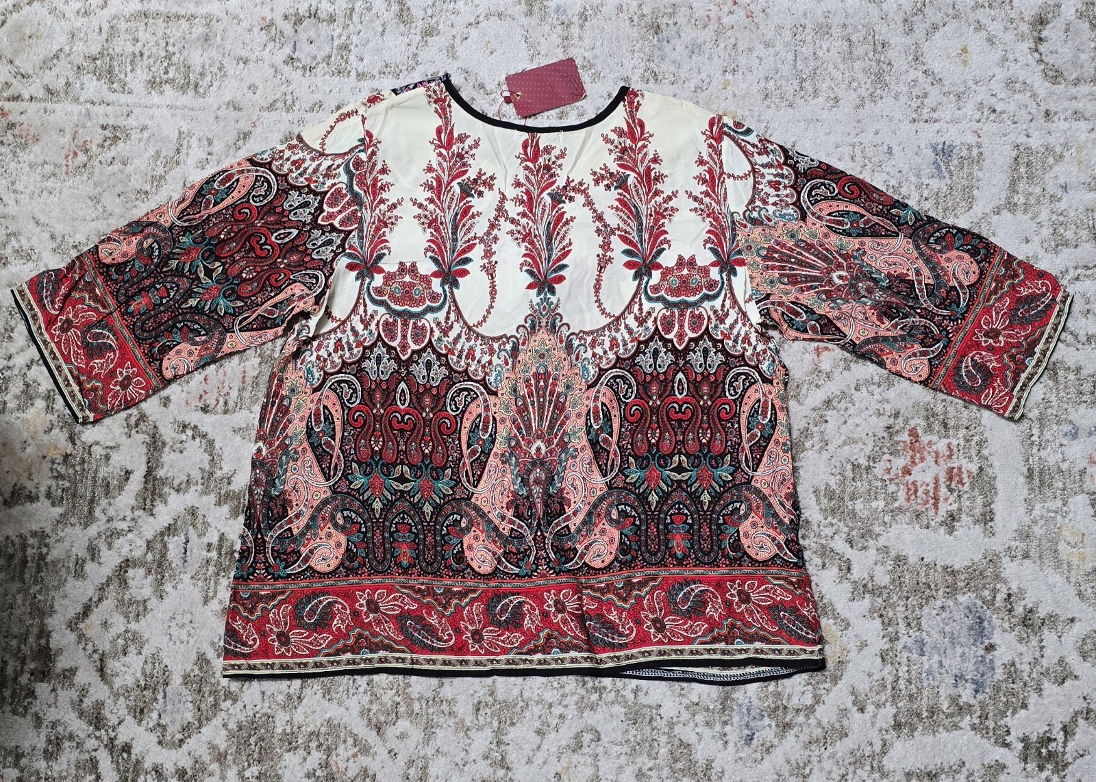 Kivenst Paisley Multicolor Red Cream Print Top Colorful Bohemian Blouse Size L