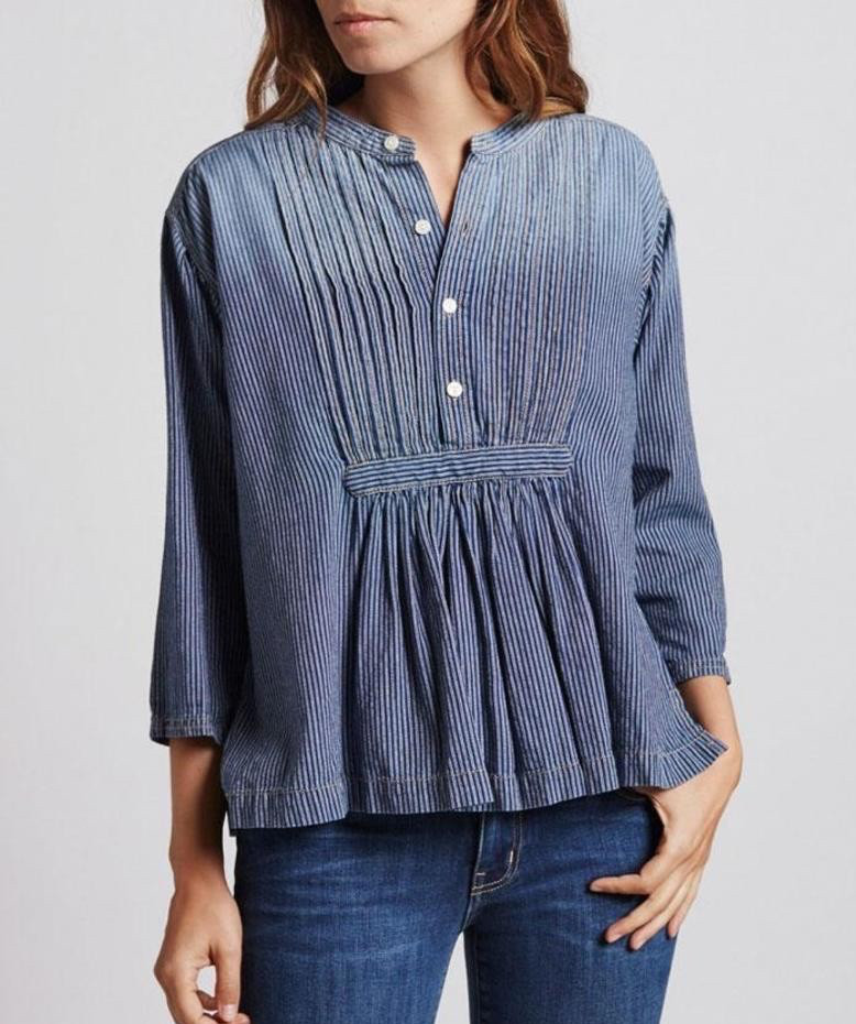 $211 CURRENT ELLIOTT Railroad Stripe Denim Peasnt Blouse EUC/sz 2= M