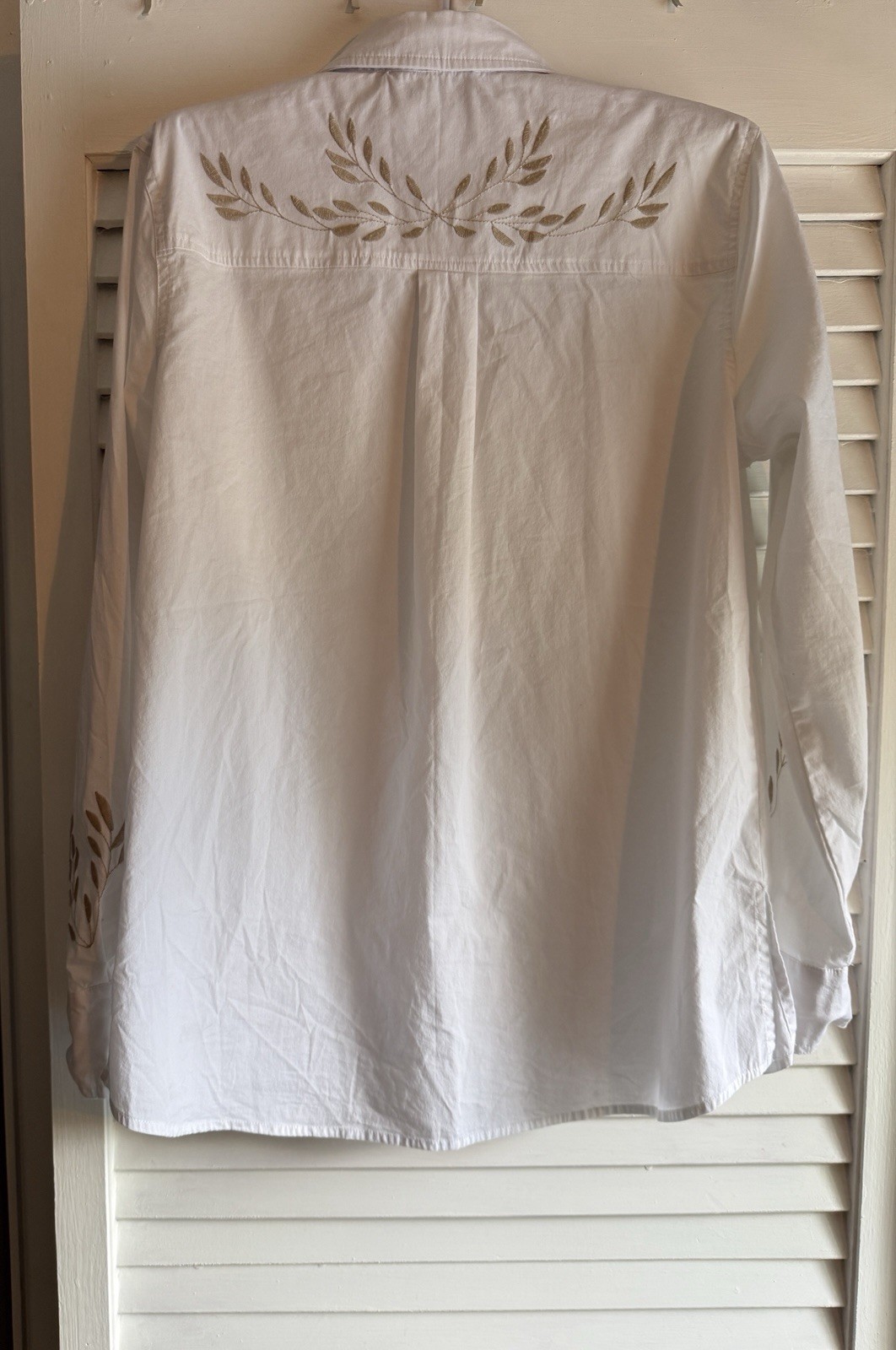 Sigrid Olsen Signature White Button Down Shirt 10 Tan Embroidery Western Boho