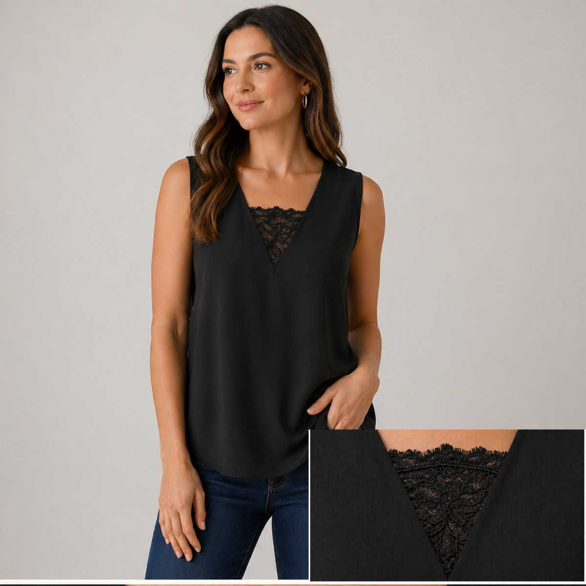 Talbots Woman Petites Top 22WP Black Sleeveless Lace Inset Lined Side Zip