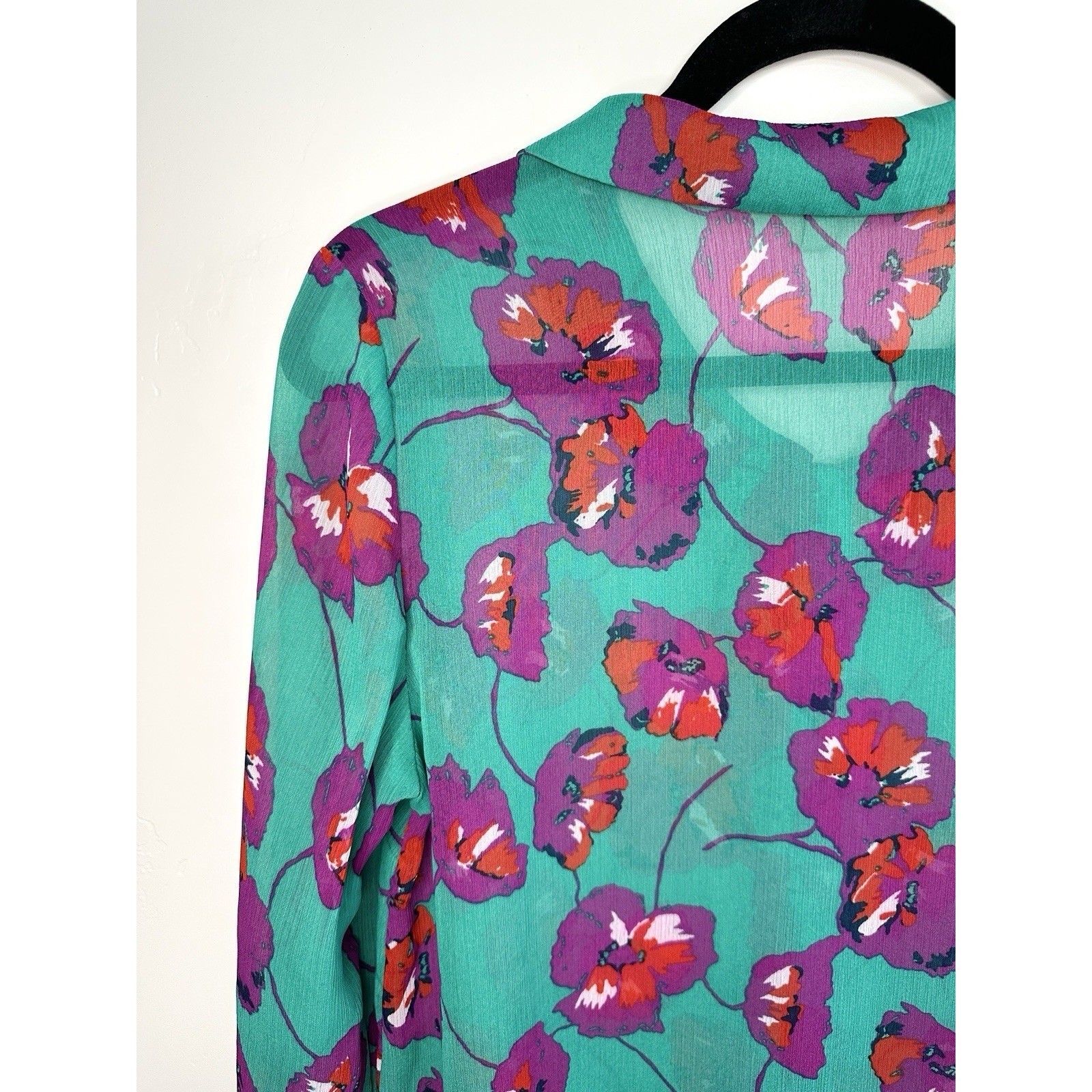 ModCloth Floral Blouse Size Medium Peter Pan Collar Bow Chiffon Art Hoe Teacher