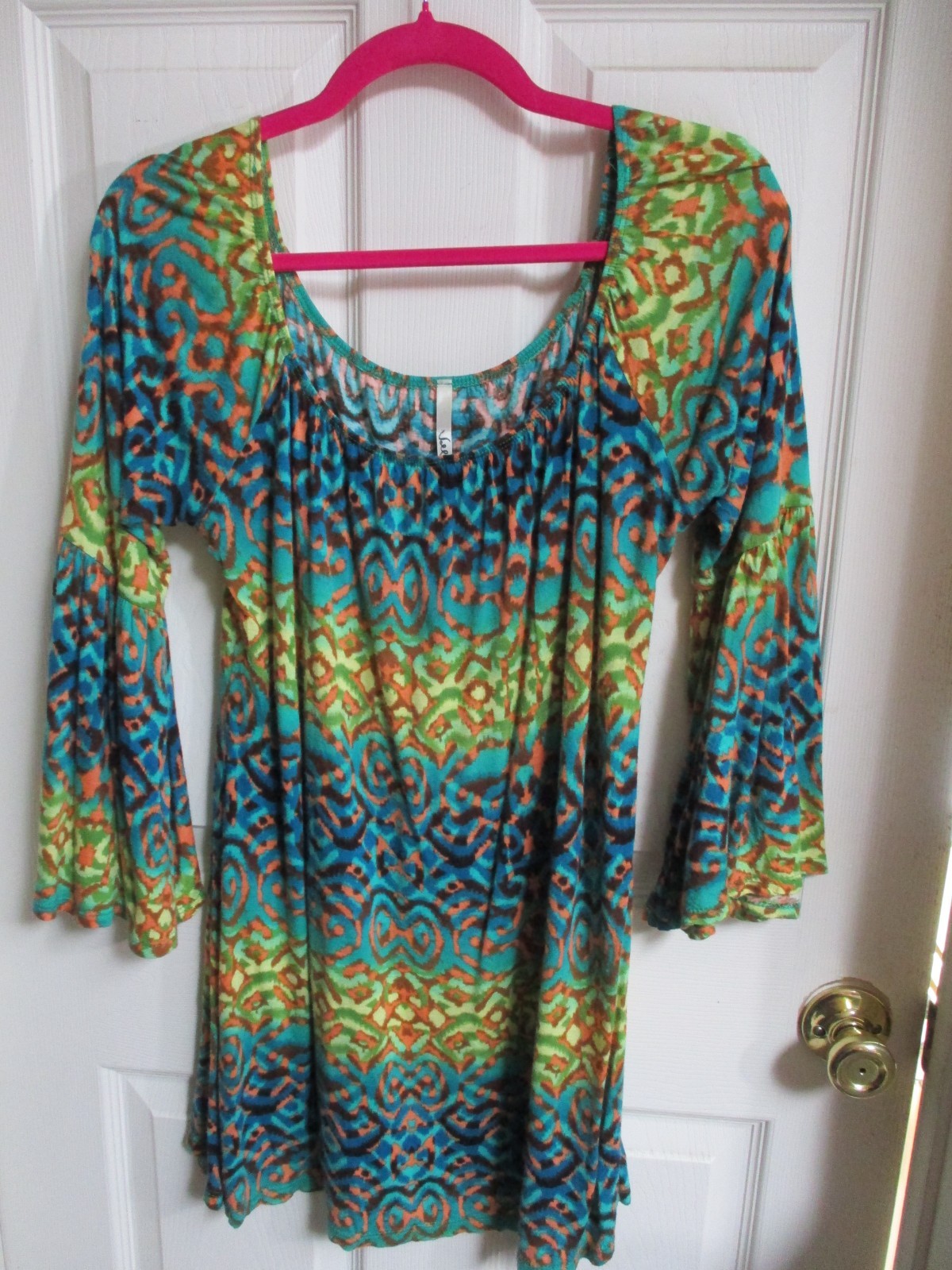 Voll Brand Peasant Style Flounce Sleeve MultiColor Boho Tunic Top Shirt Rayon -M
