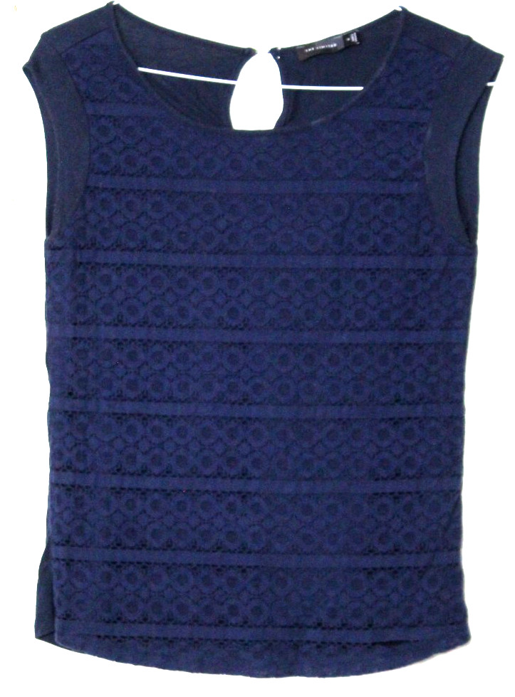 THE LIMITED LACE FRONT TUNIC ladies size S solid navy blue sleeveless knit lined