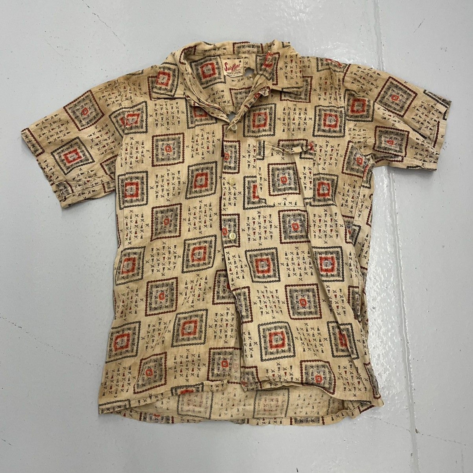 Vintage 50s Surfline Beige Pattern Cotton Distressed Shirt 1950s True Vintage
