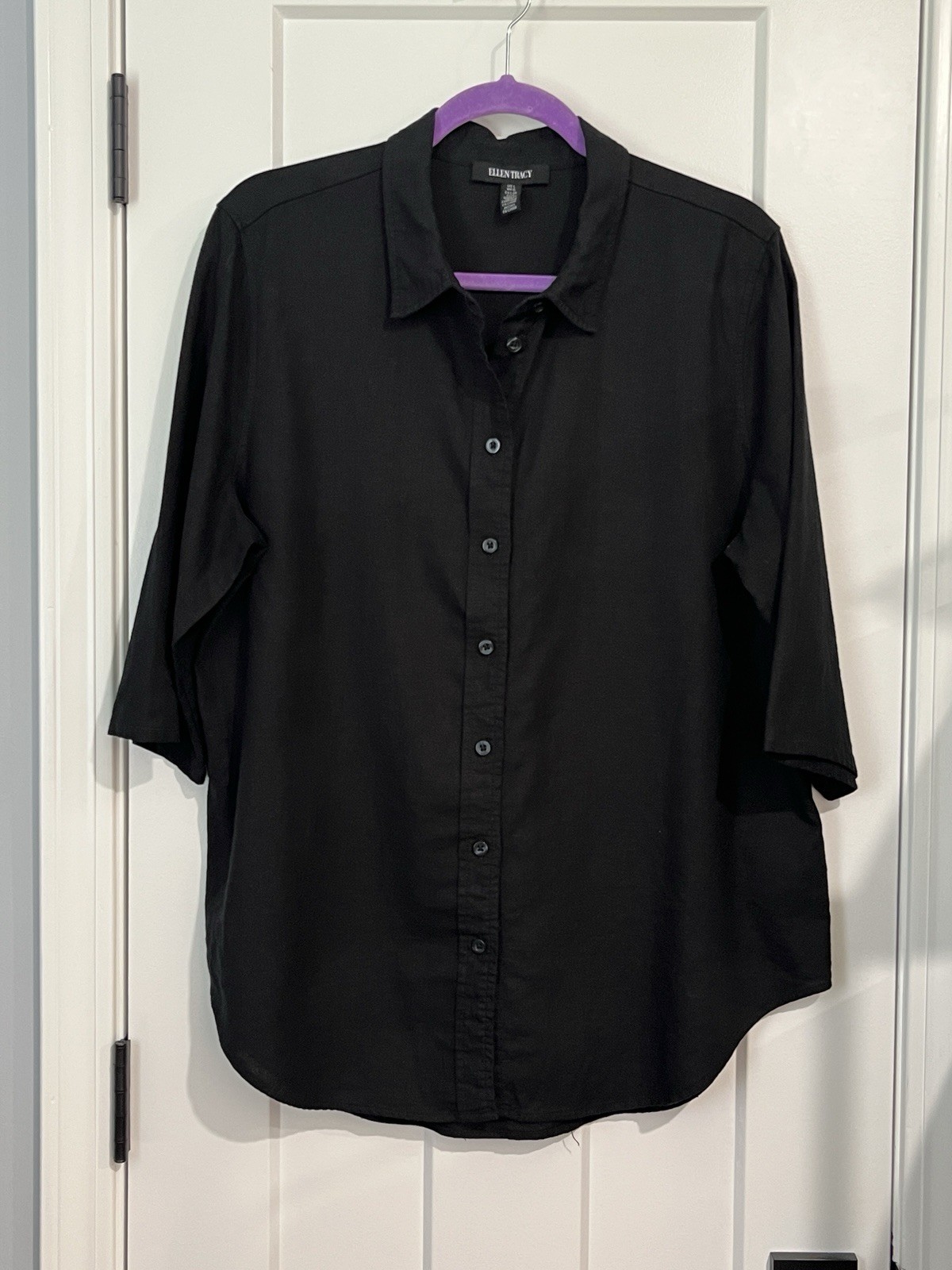 Ellen Tracy Tunic Blouse Womens L Black Linen Collared 3/4 Sleeve Relaxed Top