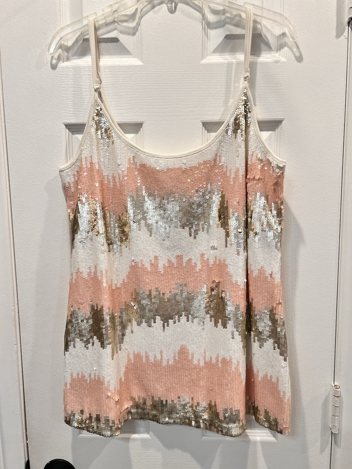 Boston Proper Womens XL Sequin Cami Tank Top Rose Gold White Wavy Stripe Shimmer