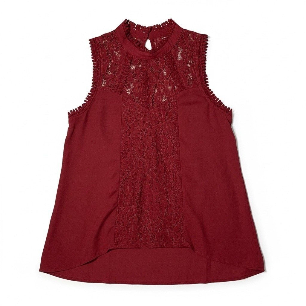 Self Esteem Womens Burgundy Lace High Mock Neck Sleeveless Blouse Medium