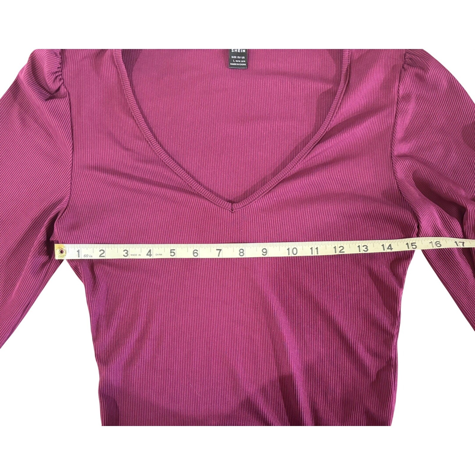 SHEIN Plum Burgundy Ribbed V-Neck Bishop Sleeve Top Large