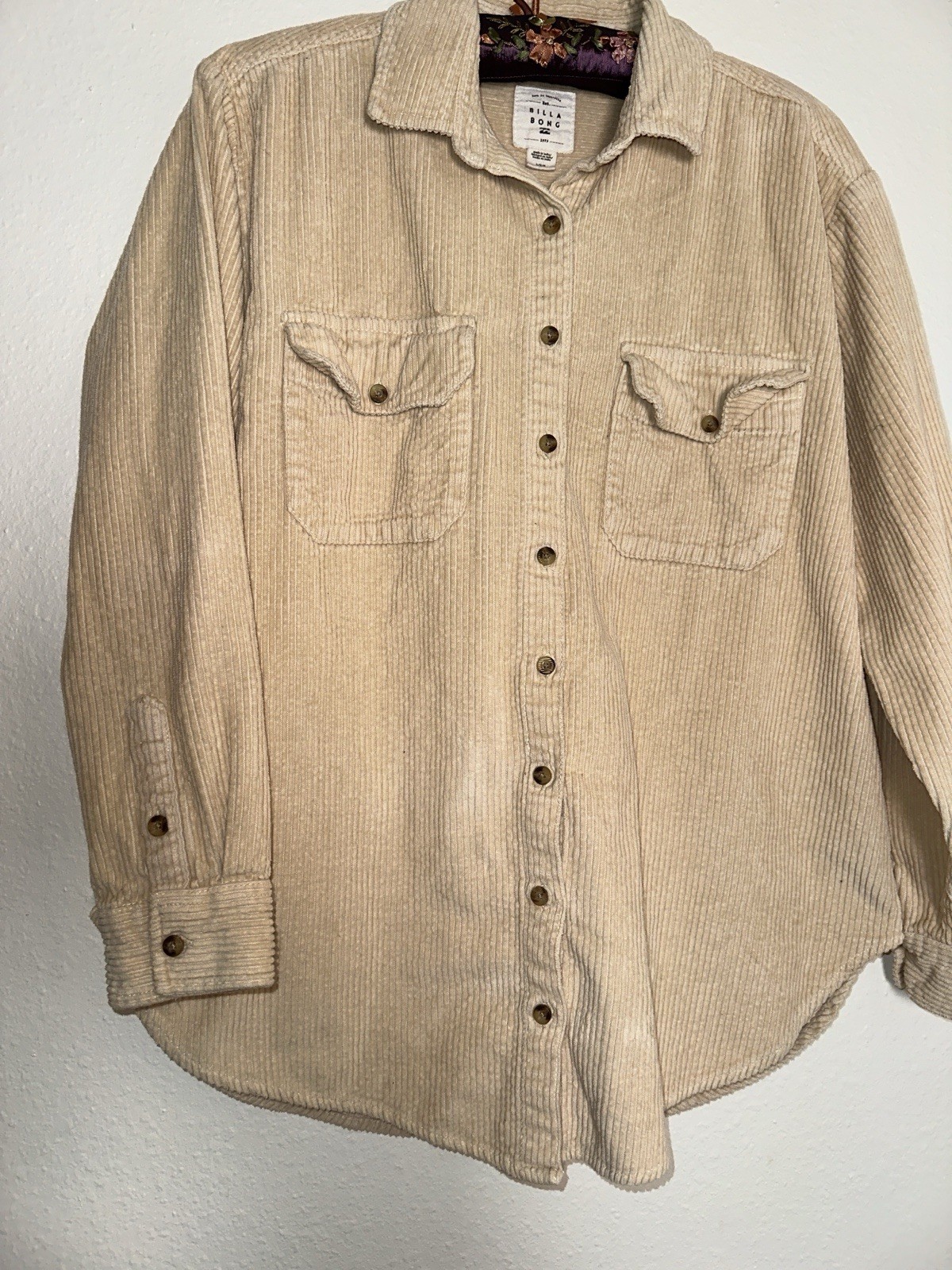 Billabong Women’s L Beige Solid Cotton Corduroy Collared Button-Up Pockets
