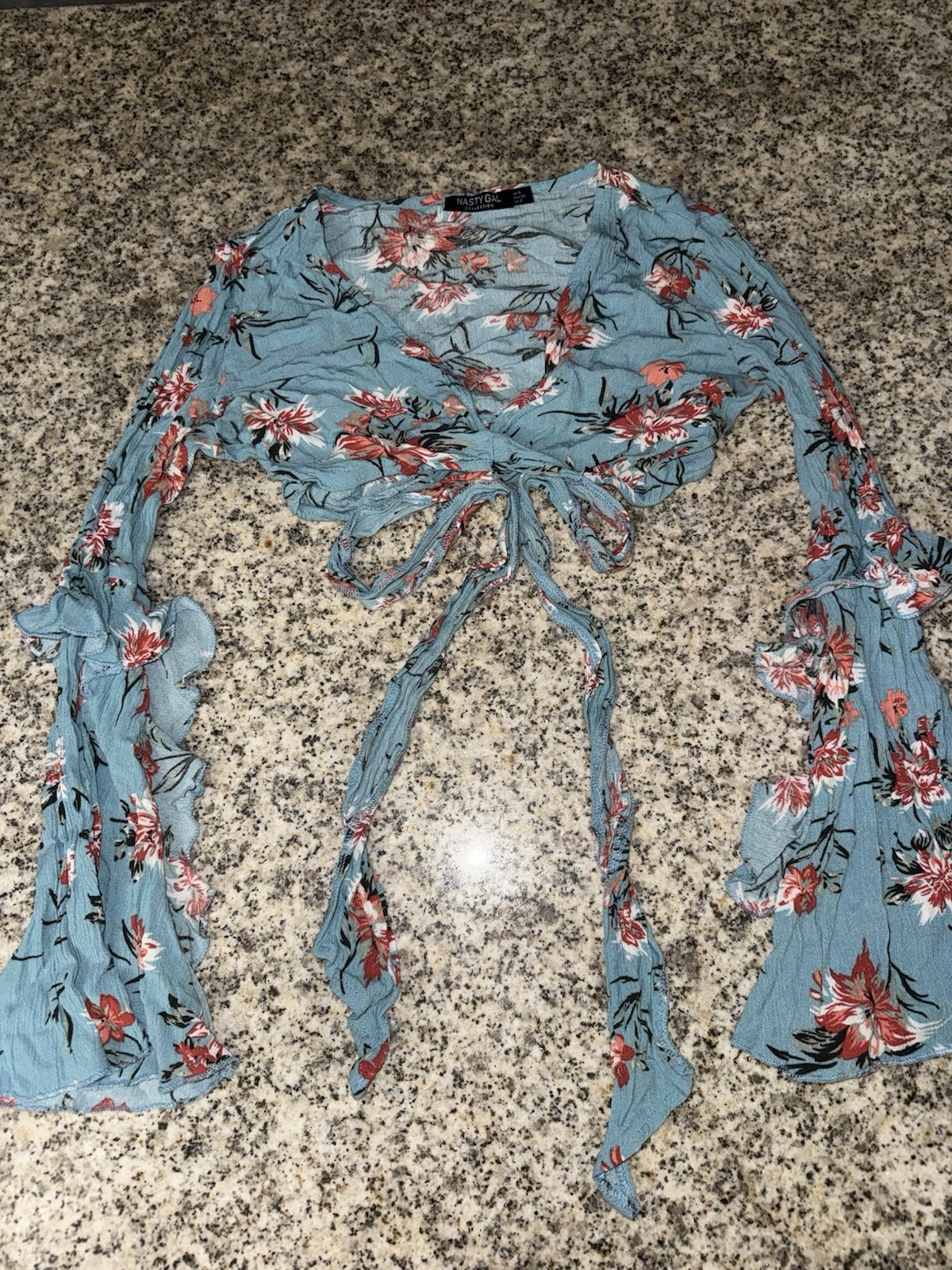 Nasty Gal Blue Floral Wrap Blouse Size 4 V-Neck Tie Front Long Bell Sleeve