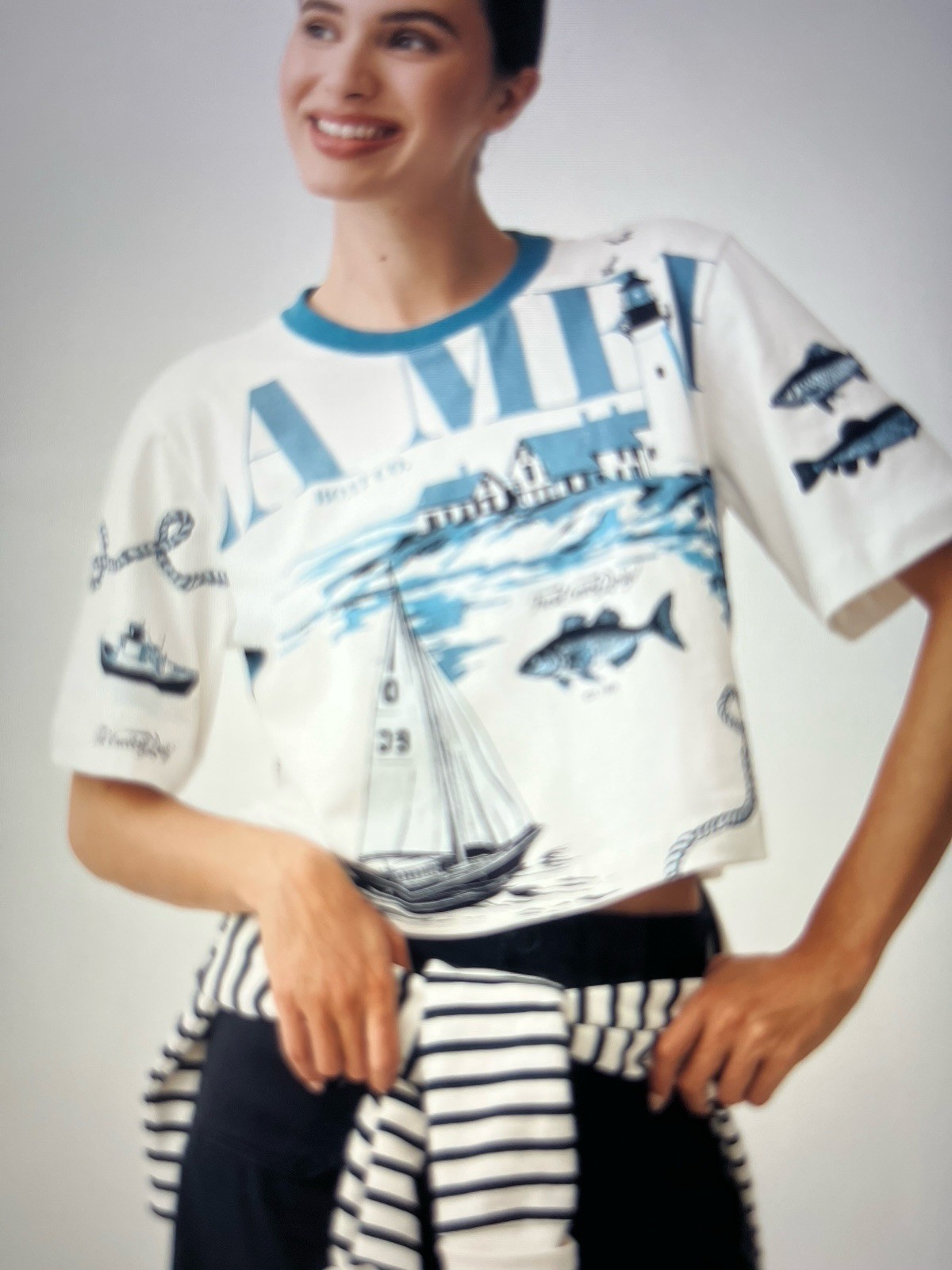 Anthropologie … Maeve Corey Cotton Cropped Fresh Fish Caught Daily T-Shirt…Sz XL