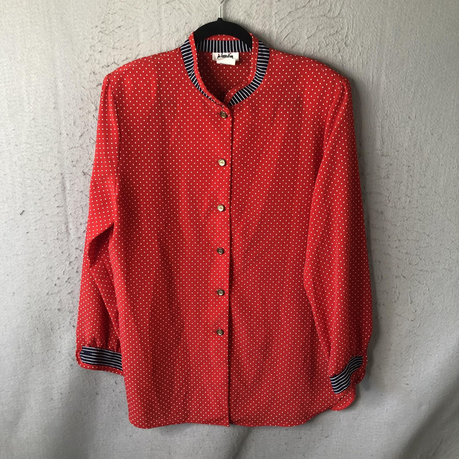 Patriotic Top Womens 12 Red Polka Dot Button Front Stripe Collar Cuff Feminine