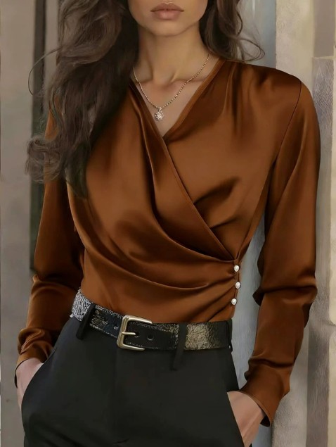 Womens V Neck Wrap Blouse Silky Satin Look Long Sleeve Office Work Shirt S-XXL