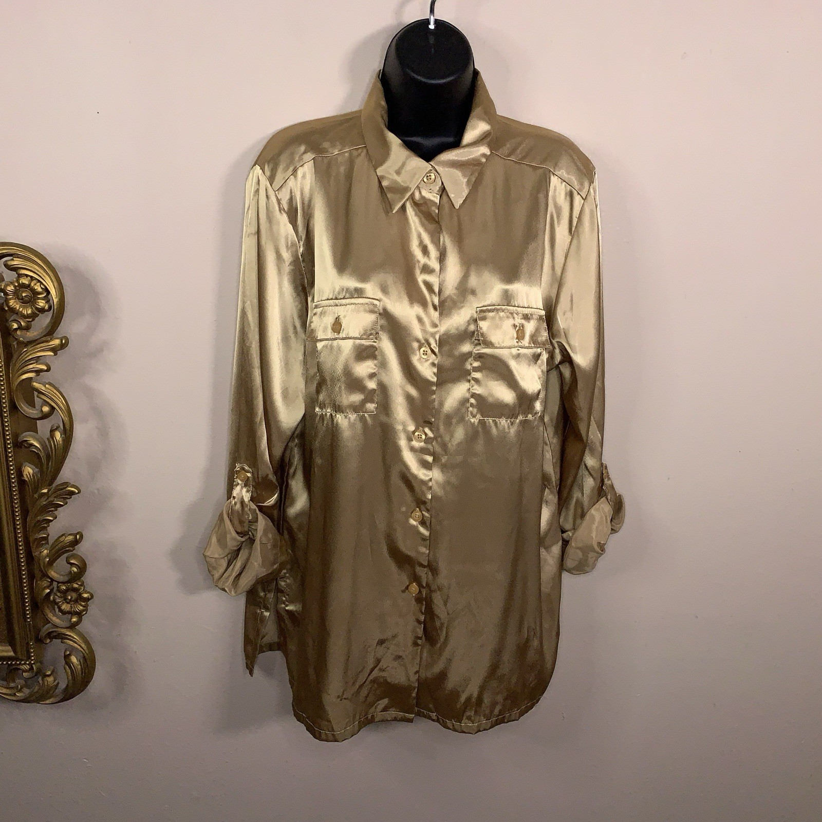 Vintage 90s Era Requirements Gold Satin Roll Tab Blouse Top Tunic Length