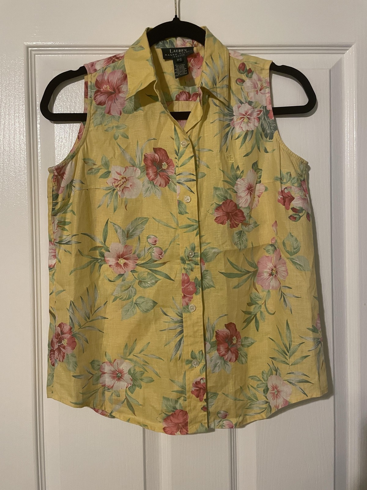 Lauren Ralph Lauren Button Up Shirt Womens P/S Yellow Floral Linen Sleeveless