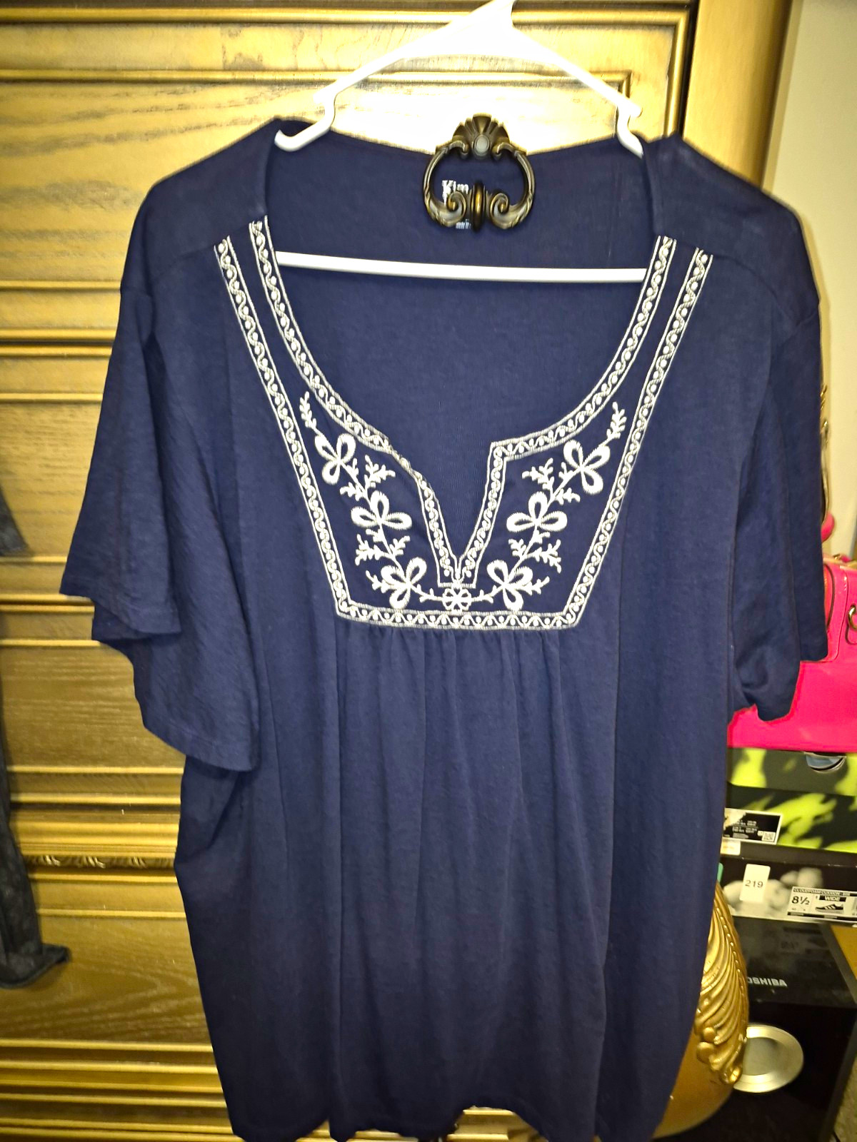 Kim Rogers Blue Knit Floral Embroidered V-Neck Short Sleeve Blouse Womens 3X