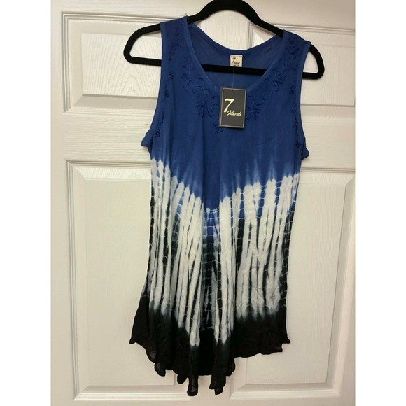 7 Islands Tunic Dress Womens One Size Blue Black Tie Dye Sleeveless Rayon