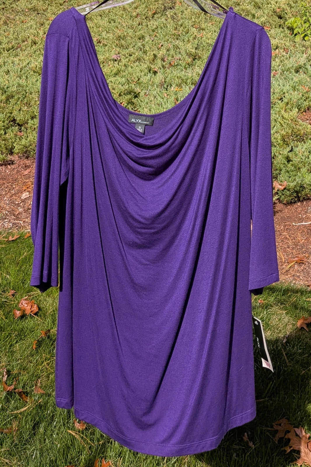 ALYX Women’s Plus Size 1X Purple Draped Cowl Neck 3/4 Sleeve Knit Blouse Top NEW
