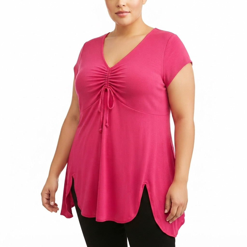 Dynamite Distinctive Tie-Front Women’s Top Plus 2X Red V Neck Handkerchief Hem