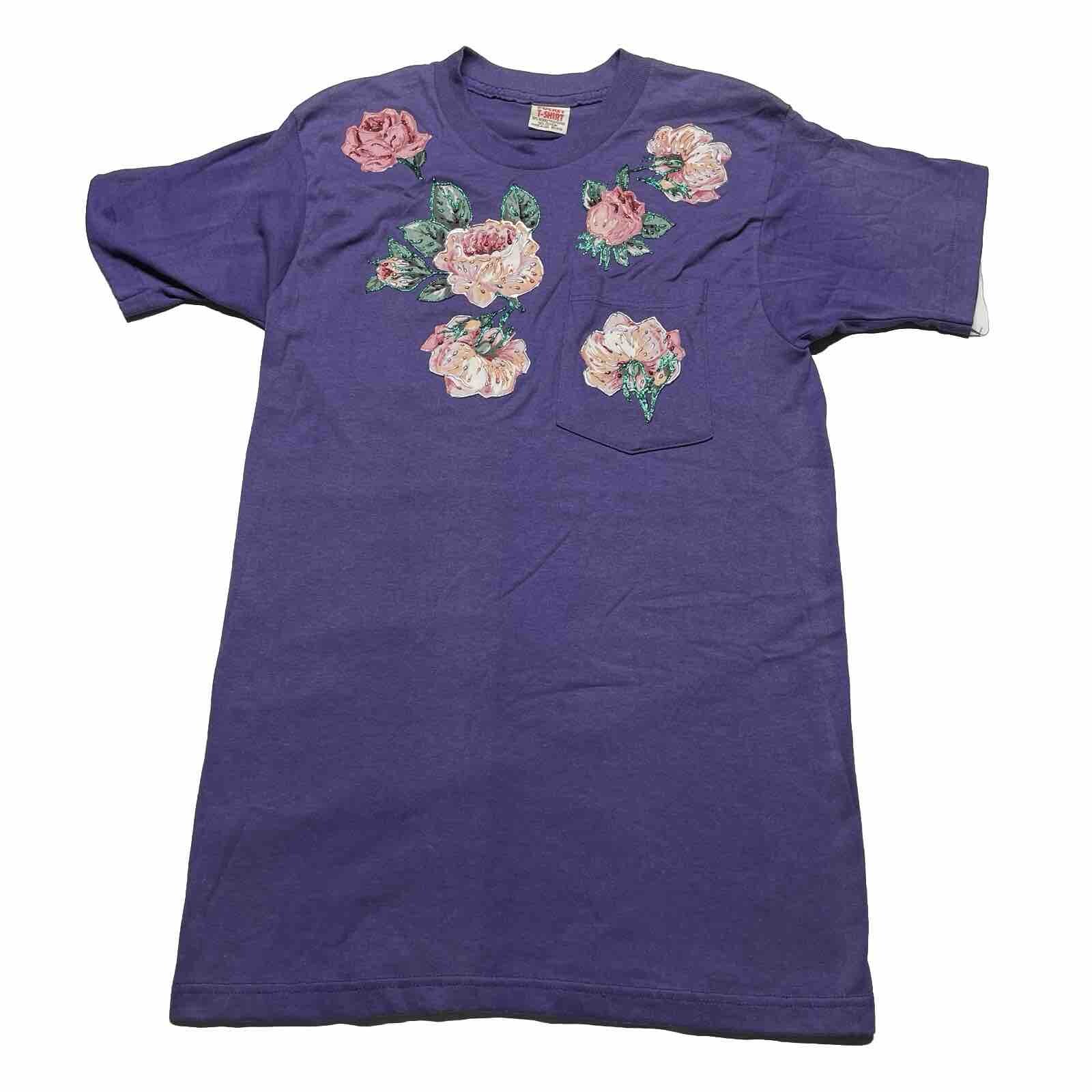 Vintage 90s Single Stitch T-Shirt Womens Small Purple Flower Floral Art USA Made