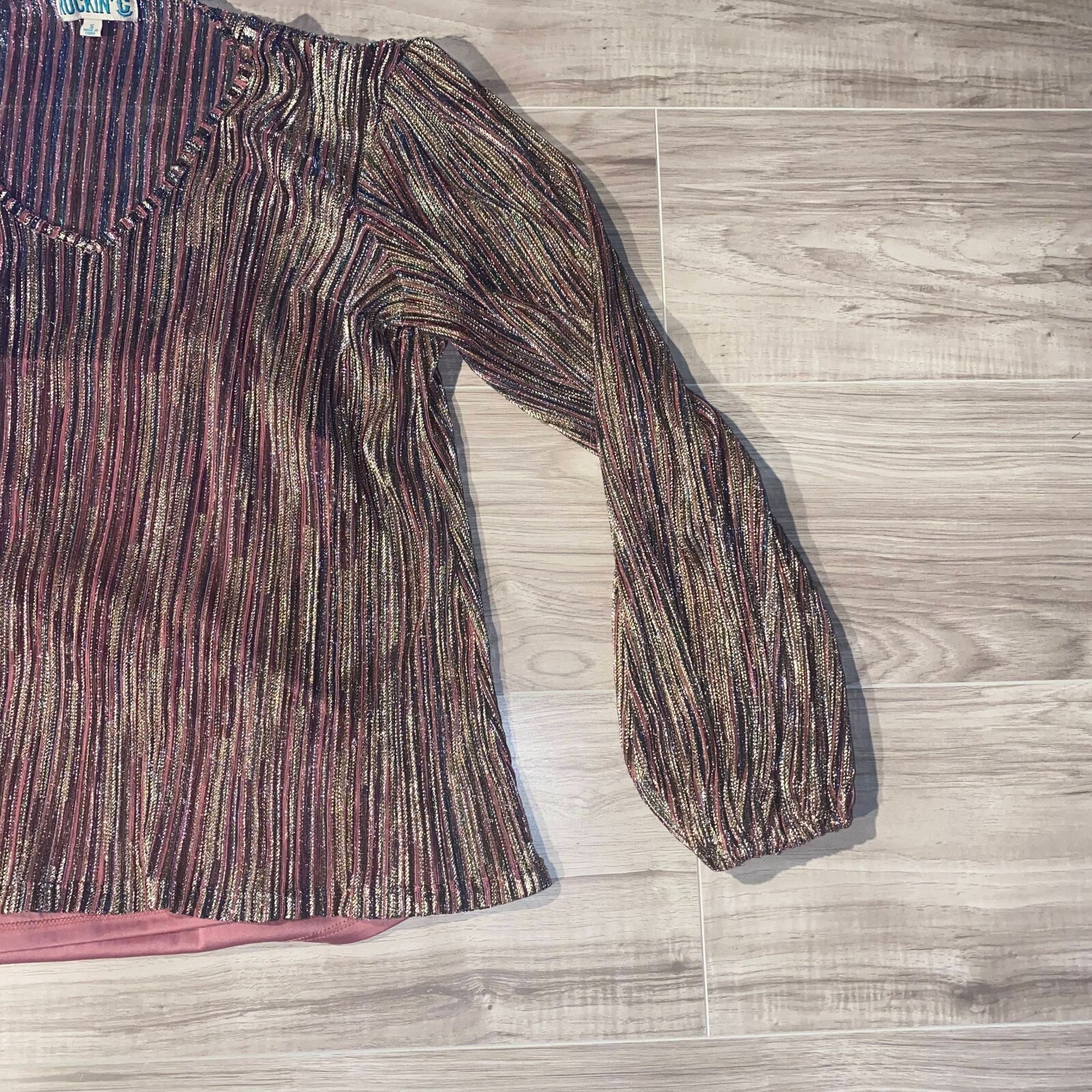 Rockin’ C Womens Multicolor Metallic Sheer Striped V-Neck Blouse Top Size Small