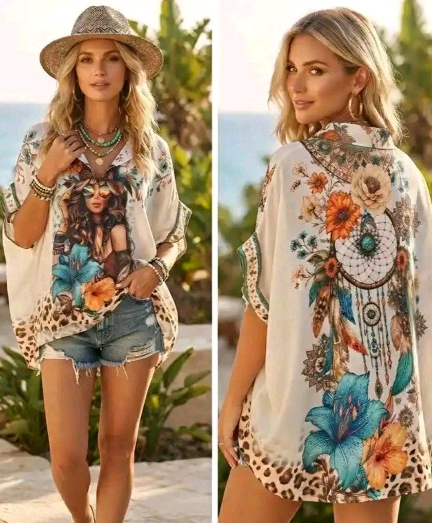 Portrait Dream Catcher Graphics Oversized Dipped Hem Shirt Blouse Freesize