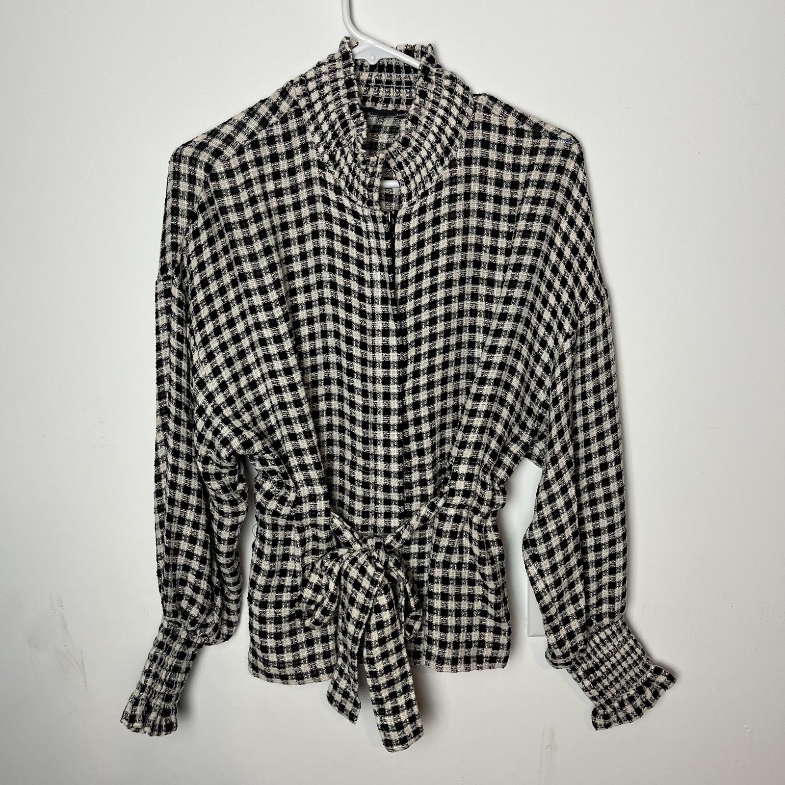 Intermix Shirt Womens Small Black White Gingham Zip Front Tie Waist Ruffle Top