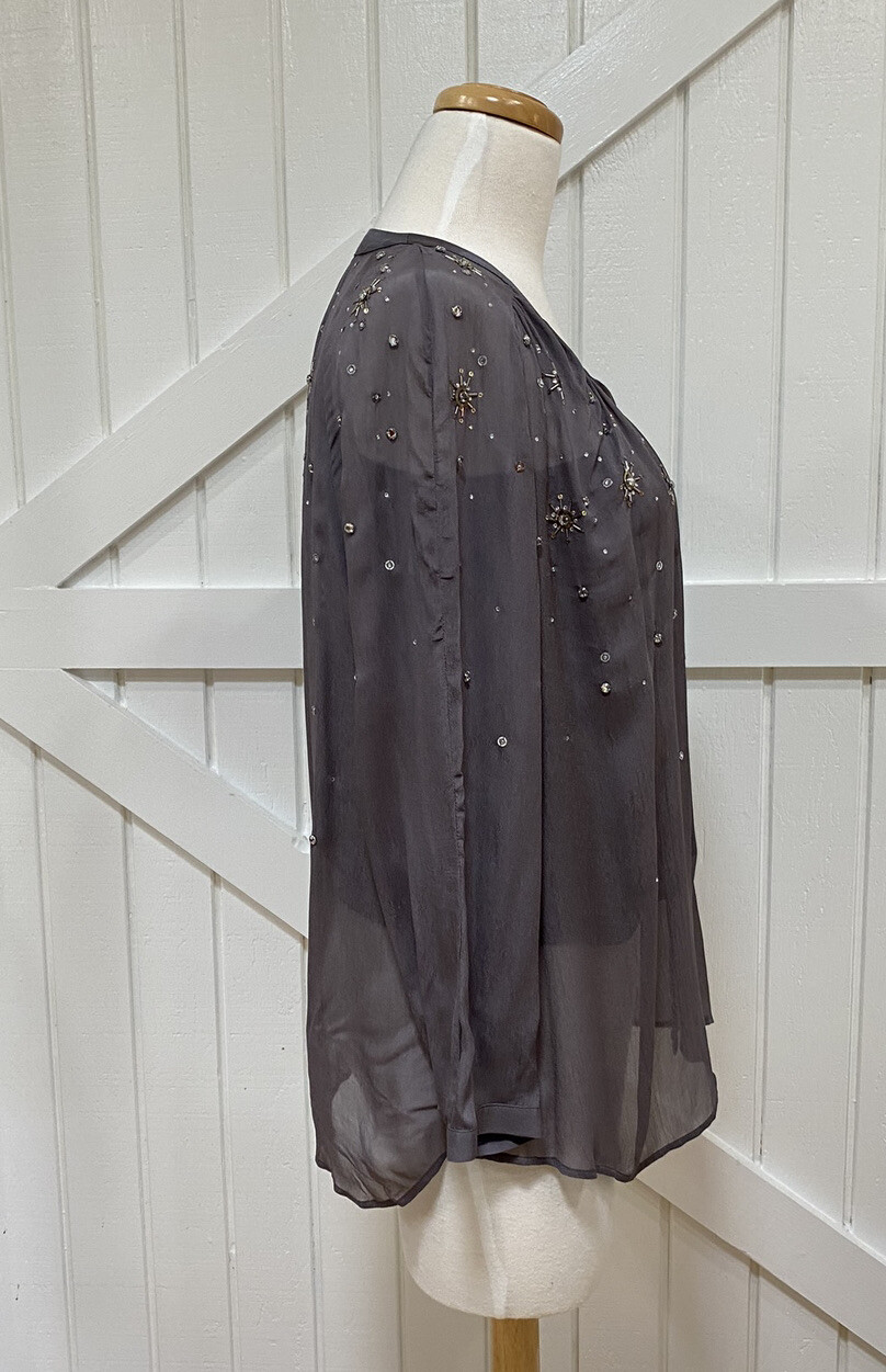 Boden 10 Taupe Gray bejeweled Gold Silver Sheer Long Sleeve Blouse Top With Cami