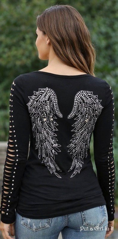 Women’s Black Studded Angel Wings Ladder Cut Out Shirt S M L XL 1X 2X 3X Biker
