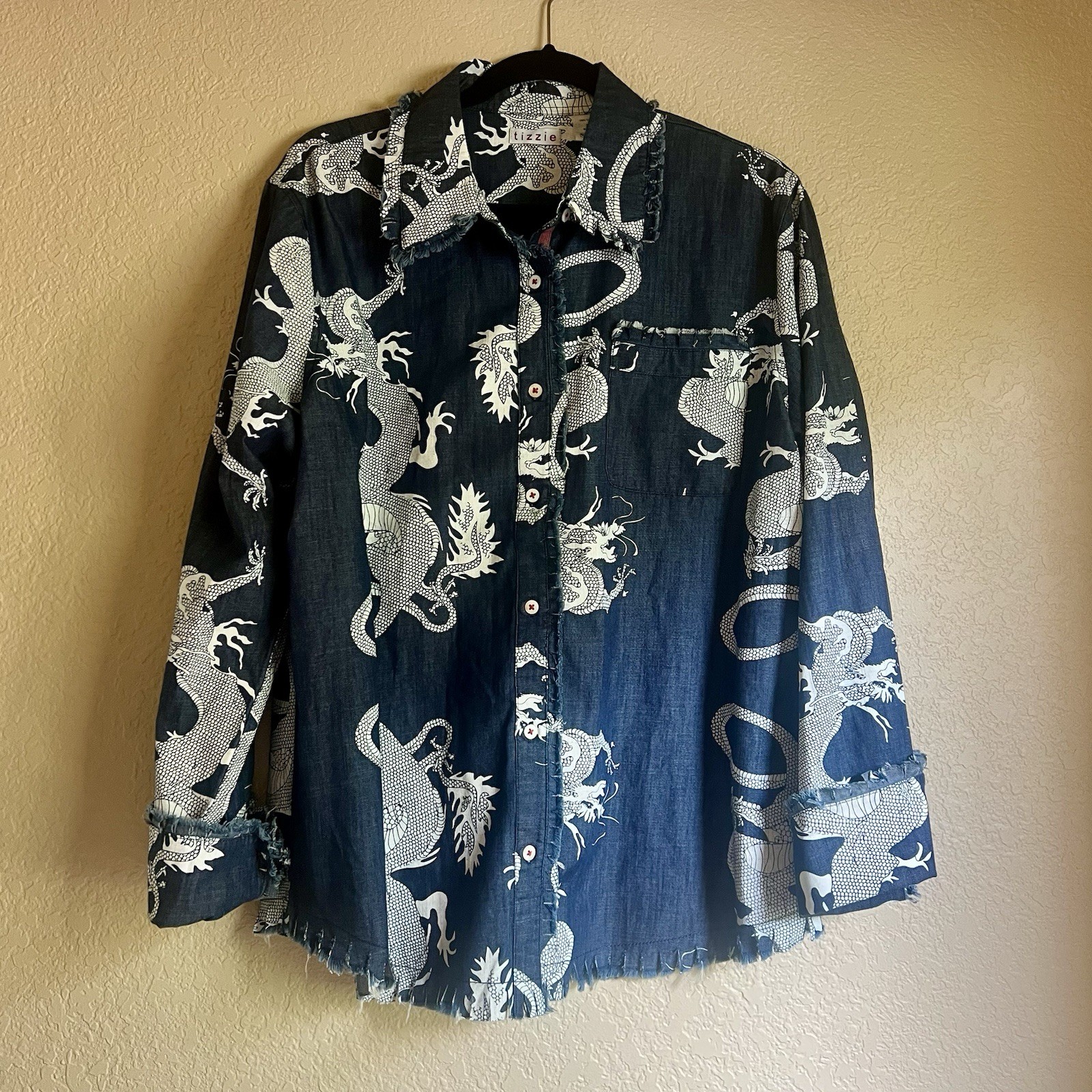 Tizzie By Dizzy Lizzie Cape Cod Denim Shirt Navy Dragon Frayed Edges Size XL