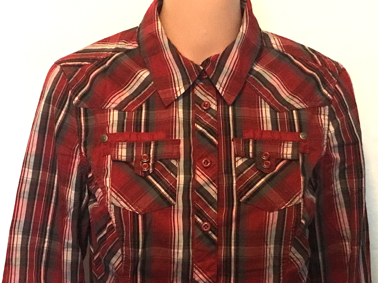Cecil Blouse Womens S Red Gray Plaid Long Sleeve Button Up Western Shirt Top