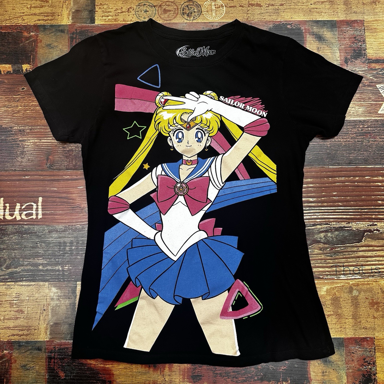 Sailor Moon Shirt Junior Sz L Black Graphic y2k Anime Manga 90s TV Retro Cosplay
