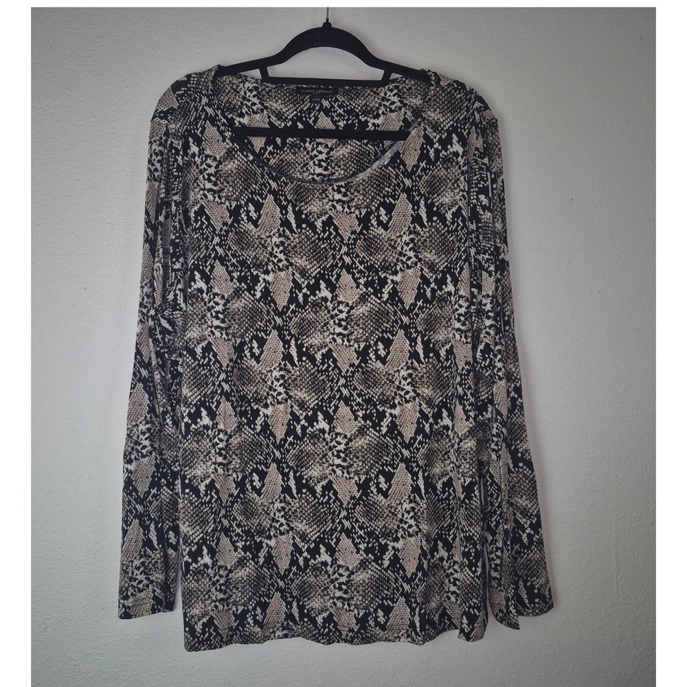 Mario Serrani Top Womens XL Brown Snakeskin Print Long Sleeve Viscose Blend
